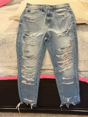 Kancan Light Blue Distressed Women’s Jeans with Pastel Thread Detail